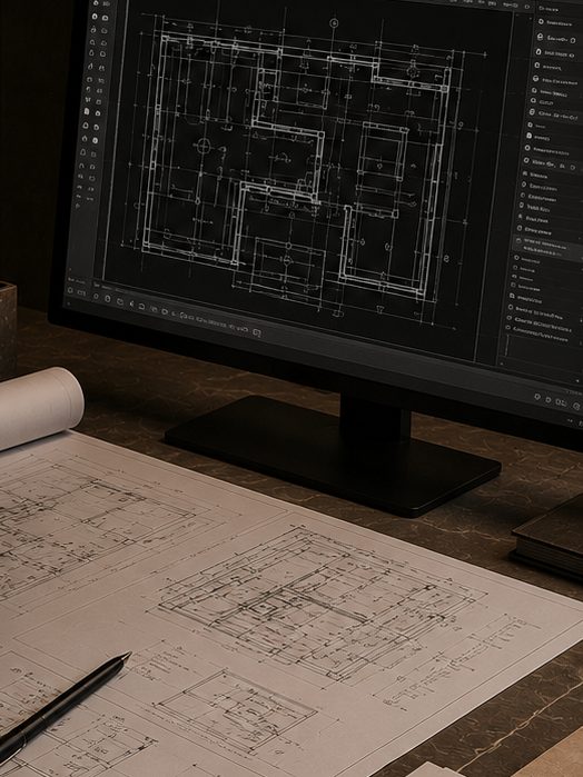 Printed technical floor plans on a desk next to the CAD drawing set on screen