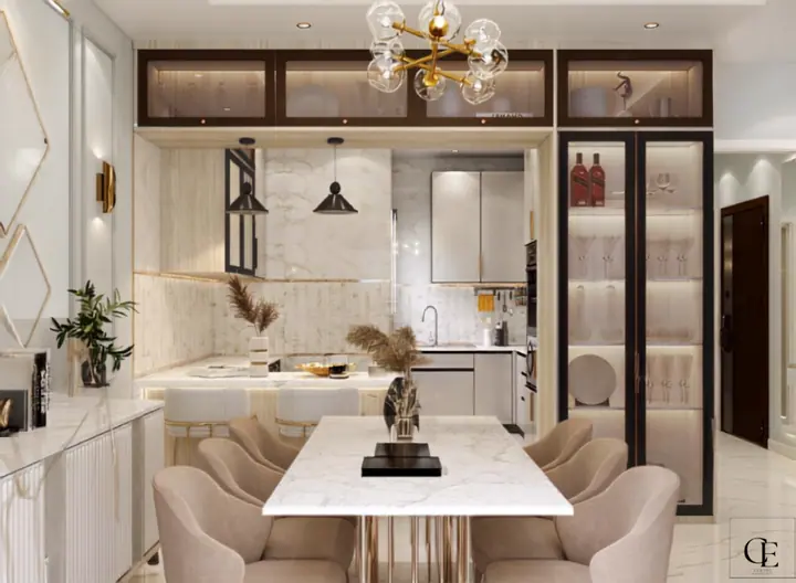 Sarai Apartment — Reception & dining, 3D view 1